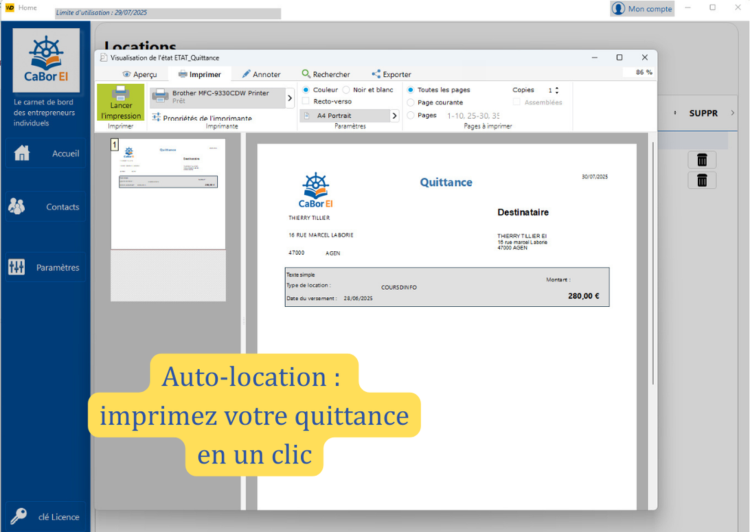 Imprimez vos quittances d'auto-location
